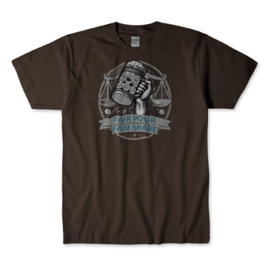 Dark Chocolate T-shirt featuring a graphic of a raised hand holding a beer stein with the slogan 'Fair Pour Fair Share' beneath, symbolizing support for fair labor practices, union rights, and equitable pay in the craft beer industry. By Left Arrow Tees.