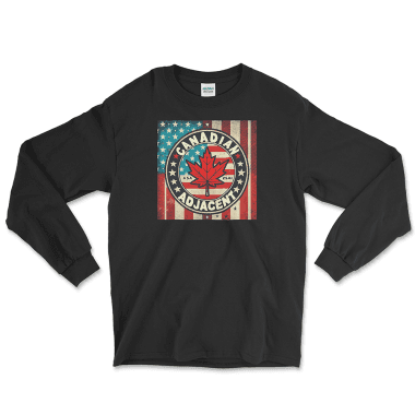 Black long-sleeve shirt featuring a bold 'Canadian Adjacent' graphic with a maple leaf overlaid on an American flag. Perfect for showing off cross-border humor and pride. Available now at Left Arrow Tees—the place for affordable graphic tees that stand out.