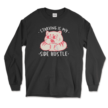 mens-long-sleeve-shirt-black-front-67439a5bd8243.png Black long-sleeve T-shirt with a humorous anti-hustle culture design featuring a cartoon-style pink cat holding a piece of food. The text above and below the illustration reads, 'Starving is my side hustle,' emphasizing a critique of hustle culture with playful irony. Ideal for those promoting self-care and rejecting overwork trends. Left Arrow Tees your place for affordable graphic tees.