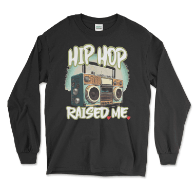 Black long sleeve shirt featuring the bold phrase 'Hip Hop Raised Me' with a vibrant retro boombox graphic, celebrating the golden era of 80s and 90s hip hop culture. Perfect for music lovers and nostalgia enthusiasts, this shirt is a stylish nod to the roots of hip hop. Left Arrow Tees offers this and more affordable graphic tees designed to help you wear your passions proudly.