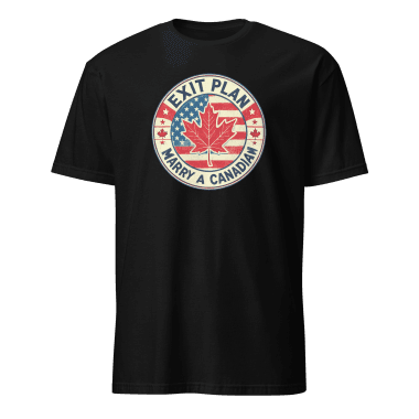 Left Arrow Tees, affordable graphic tees with a black t-shirt featuring a circular graphic with the text "Exit Plan" at the top and "Marry a Canadian" at the bottom. The design includes a red maple leaf in the center overlaid on an American flag pattern, with small red maple leaves surrounding the circle. Left Arrow Tees, affordable graphic tees.