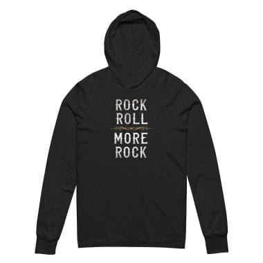 unisex-hooded-long-sleeve-tee-charcoal-black-triblend-front-6740fdd4d05a9.jpg Charcoal black triblend lightweight hoodie tee featuring the bold graphic text 'Rock Roll More Rock' with subtle vintage-inspired details and a golden decorative line, from Left Arrow Tees. Perfect for music lovers looking for affordable graphic tees they'll love to wear