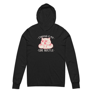unisex-hooded-long-sleeve-tee-charcoal-black-triblend-front-6743c60670add.png A lightweight, charcoal black hoodie tee featuring a playful illustration of a cat holding food, accompanied by the humorous slogan "Starving Is My Side Hustle." Perfect for those embracing anti-hustle culture with a touch of humor. Left Arrow Tees is your place for affordable graphic tees.