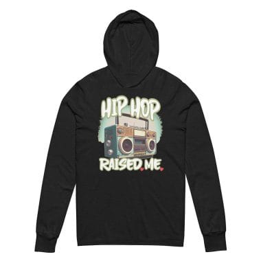 A charcoal black hoodie featuring a vibrant graphic design with a retro boombox and the bold text "Hip Hop Raised Me" in playful, colorful font. This stylish and nostalgic piece is part of the collection by Left Arrow Tees, your trusted source for affordable and creative graphic tees