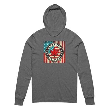 Grey Triblend lightweight hoodie tee featuring a bold graphic design with the text 'Canadian Adjacent' encircling a maple leaf overlaying an American flag. Perfect for showcasing cross-border pride, this hoodie combines humor and style. Available at Left Arrow Tees—the place for affordable graphic tees.