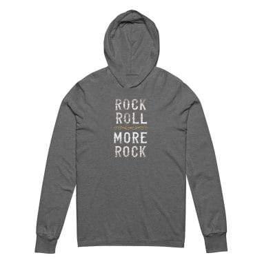 Grey triblend lightweight hoodie tee featuring the bold graphic text 'Rock Roll More Rock' with subtle vintage-inspired details and a golden decorative line, from Left Arrow Tees. Perfect for music lovers looking for affordable graphic tees they'll love to wear