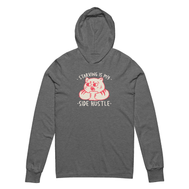 A lightweight, grey triblend hoodie tee featuring a playful illustration of a cat holding food, accompanied by the humorous slogan "Starving Is My Side Hustle." Perfect for those embracing anti-hustle culture with a touch of humor. Left Arrow Tees is your place for affordable graphic tees.