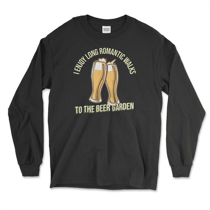 A black long sleeve shirt featuring a playful graphic of two beer glasses clinking together, surrounded by the phrase "I Enjoy Long Romantic Walks to the Beer Garden" in bold and fun typography. Perfect for beer garden enthusiasts and brew fest lovers, this shirt brings humor and style together effortlessly. From Left Arrow Tees, the place to shop for affordable graphic tees that make a statement.