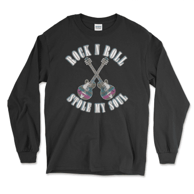 Black long-sleeve shirt featuring a colorful design with two crossed electric guitars and the text 'Rock N Roll Stole My Soul' in bold, curved letters, perfect for music lovers and rock enthusiasts. Left Arrow Tees is the place for affordable graphic tees.