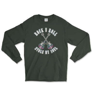 Forest Green long-sleeve shirt featuring a colorful design with two crossed electric guitars and the text 'Rock N Roll Stole My Soul' in bold, curved letters, perfect for music lovers and rock enthusiasts. Left Arrow Tees is the place for affordable graphic tees.