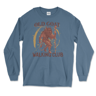 An indigo blue long sleeve shirt featuring a humorous graphic of a rugged goat standing upright with a walking stick, framed by a circular design. The text "Old Goat Walking Club" is prominently displayed in a bold, vintage-style font. This fun and stylish shirt is from Left Arrow Tees, the place for affordable graphic tees.