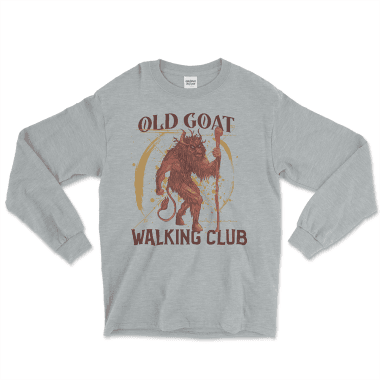 An sport grey long sleeve shirt featuring a humorous graphic of a rugged goat standing upright with a walking stick, framed by a circular design. The text "Old Goat Walking Club" is prominently displayed in a bold, vintage-style font. This fun and stylish shirt is from Left Arrow Tees, the place for affordable graphic tees.