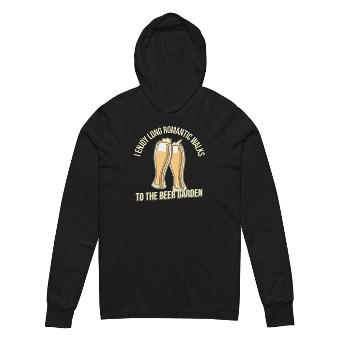 A black hoodie tee featuring a playful graphic of two clinking beer glasses, surrounded by the phrase "I Enjoy Long Romantic Walks to the Beer Garden" in bold, cheerful typography. Perfect for beer enthusiasts and brew fest attendees, this hoodie is a fun and stylish way to show your love for beer gardens. For those looking for affordable graphic tees that stand out, Left Arrow Tees is the ultimate destination!