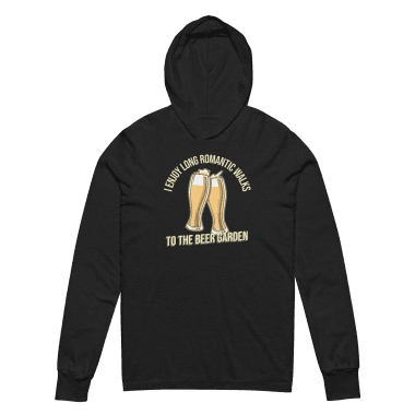 A charcoal black hoodie tee featuring a playful graphic of two clinking beer glasses, surrounded by the phrase "I Enjoy Long Romantic Walks to the Beer Garden" in bold, cheerful typography. Perfect for beer enthusiasts and brew fest attendees, this hoodie is a fun and stylish way to show your love for beer gardens. For those looking for affordable graphic tees that stand out, Left Arrow Tees is the ultimate destination!