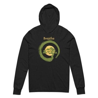 A charcoal black hoodie tee featuring a serene design with the word "Breathe" in soft yellow above a Japanese-inspired bonsai tree framed by a green enzo circle. The tranquil imagery reflects mindfulness and balance, making it perfect for meditation or yoga enthusiasts. This hoodie is part of the stylish collection from Left Arrow Tees, the place for affordable graphic tees that inspire and delight.