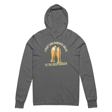 A grey triblend hoodie tee featuring a playful graphic of two clinking beer glasses, surrounded by the phrase "I Enjoy Long Romantic Walks to the Beer Garden" in bold, cheerful typography. Perfect for beer enthusiasts and brew fest attendees, this hoodie is a fun and stylish way to show your love for beer gardens. For those looking for affordable graphic tees that stand out, Left Arrow Tees is the ultimate destination!