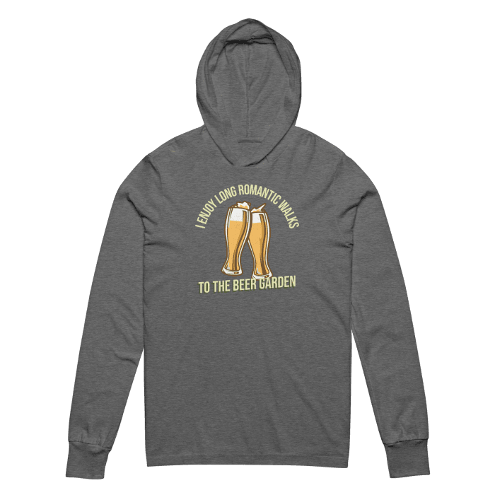 A grey triblend hoodie tee featuring a playful graphic of two clinking beer glasses, surrounded by the phrase "I Enjoy Long Romantic Walks to the Beer Garden" in bold, cheerful typography. Perfect for beer enthusiasts and brew fest attendees, this hoodie is a fun and stylish way to show your love for beer gardens. For those looking for affordable graphic tees that stand out, Left Arrow Tees is the ultimate destination!