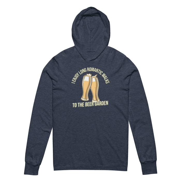 A heather navy hoodie tee featuring a playful graphic of two clinking beer glasses, surrounded by the phrase "I Enjoy Long Romantic Walks to the Beer Garden" in bold, cheerful typography. Perfect for beer enthusiasts and brew fest attendees, this hoodie is a fun and stylish way to show your love for beer gardens. For those looking for affordable graphic tees that stand out, Left Arrow Tees is the ultimate destination!