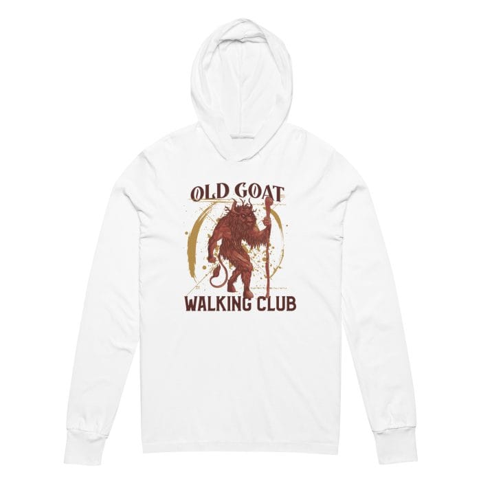A white hoodie featuring a vibrant graphic of a mythical goat-like creature holding a staff, with the text "Old Goat Walking Club" in bold, stylized letters. The design combines whimsy and folklore, making it a statement piece for any wardrobe. For affordable and unique graphic tees and hoodies like this, check out Left Arrow Tees!