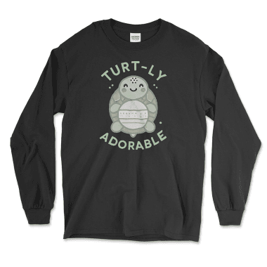 Black long-sleeve graphic tee featuring an adorable cartoon turtle design with the phrase 'Turt-ly Adorable' in light green. Perfect for turtle lovers and those looking for unique turtle-themed gifts. Find this and other affordable graphic tees at Left Arrow Tees.