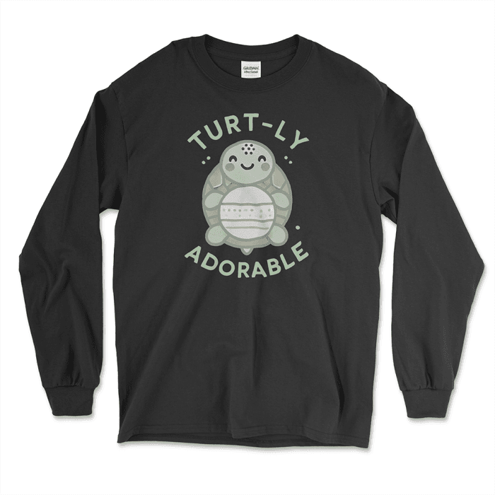 Black long-sleeve graphic tee featuring an adorable cartoon turtle design with the phrase 'Turt-ly Adorable' in light green. Perfect for turtle lovers and those looking for unique turtle-themed gifts. Find this and other affordable graphic tees at Left Arrow Tees.