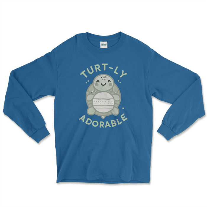 Royal Blue long-sleeve graphic tee featuring an adorable cartoon turtle design with the phrase 'Turt-ly Adorable' in light green. Perfect for turtle lovers and those looking for unique turtle-themed gifts. Find this and other affordable graphic tees at Left Arrow Tees.