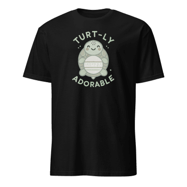 unisex-basic-softstyle-t-shirt-black-front-678e61ed12143.png Black short-sleeve graphic tee featuring a charming cartoon turtle design with the phrase 'Turt-ly Adorable' in light green. A delightful gift idea for turtle enthusiasts and fans of unique, fun apparel. Discover this and other affordable graphic tees at Left Arrow Tees.