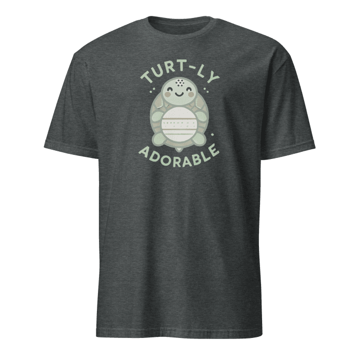 Dark Heather short-sleeve graphic tee featuring a charming cartoon turtle design with the phrase 'Turt-ly Adorable' in light green. A delightful gift idea for turtle enthusiasts and fans of unique, fun apparel. Discover this and other affordable graphic tees at Left Arrow Tees.